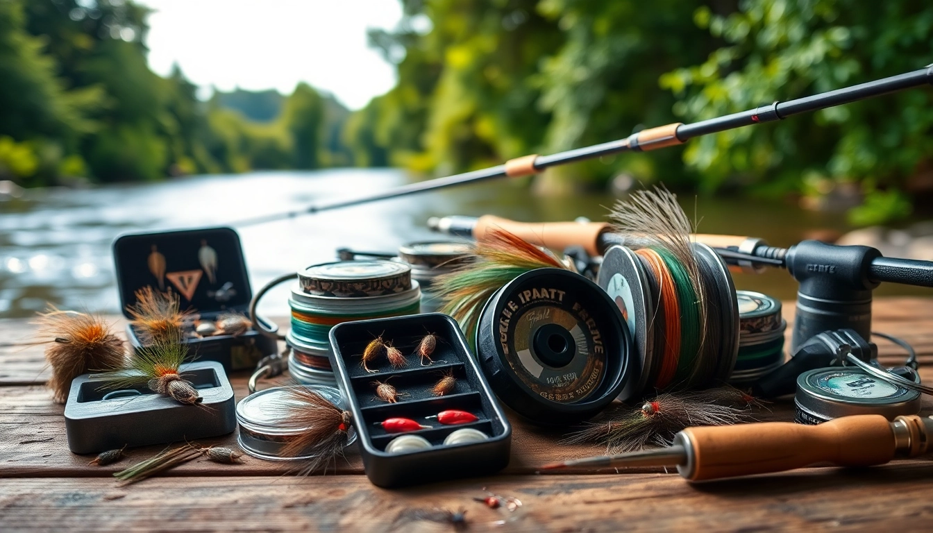 Showcase fly fishing accessories on a wooden table overlooking a river's tranquility.