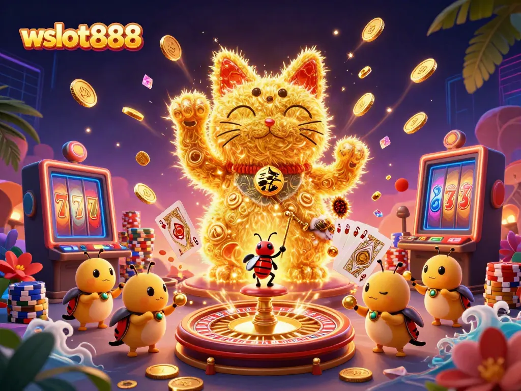 Rasakan pengalaman bermain yang menakjubkan dengan wslot888 dan simbol keberuntungan dalam ilustrasi 3D ini.