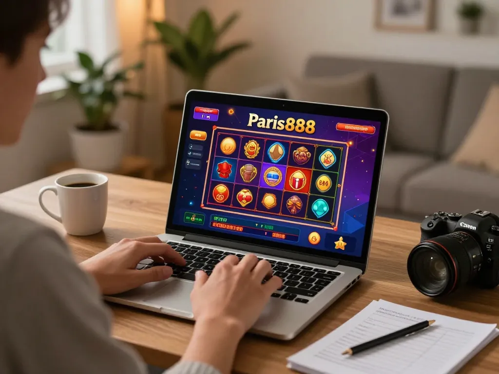Engaging online gaming session with a player enjoying Paris888 on a laptop while documenting strategies.