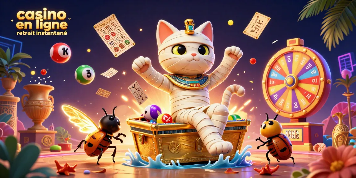 Profitez du casino en ligne retrait instantané avec une illustration animée d'un chat momie égyptien et un scarabée dans un casino luxuriant.
