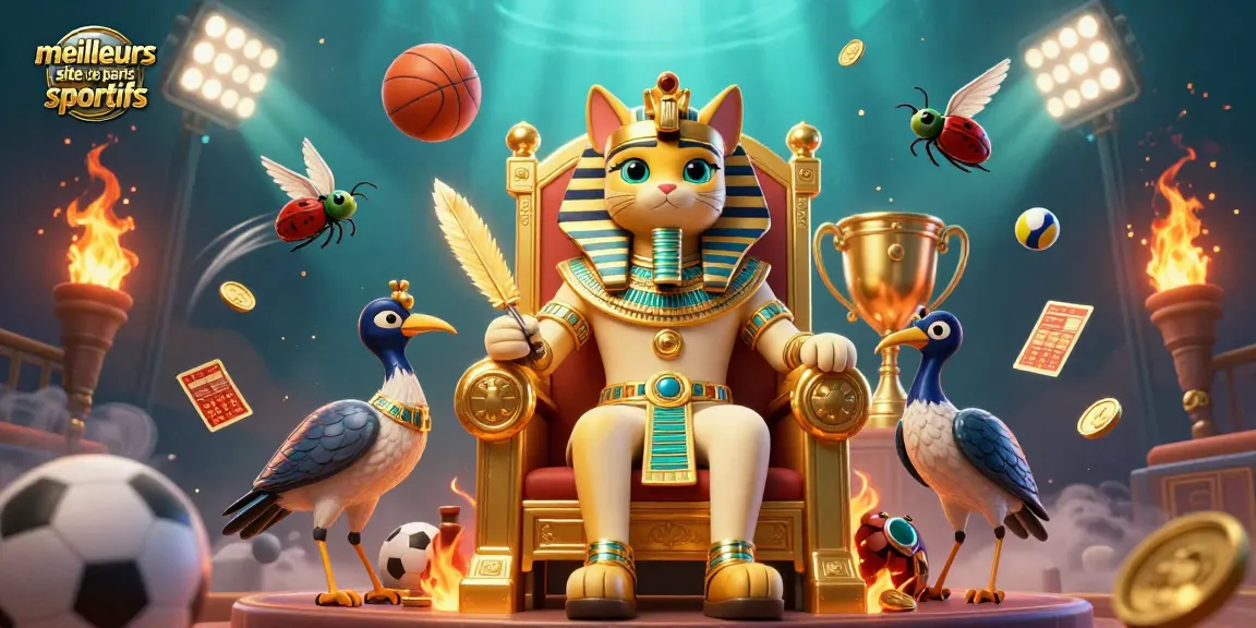 Découvrez les meilleurs sites de paris sportifs avec une illustration dynamique d'un pharaon égyptien et de ballons de sport.