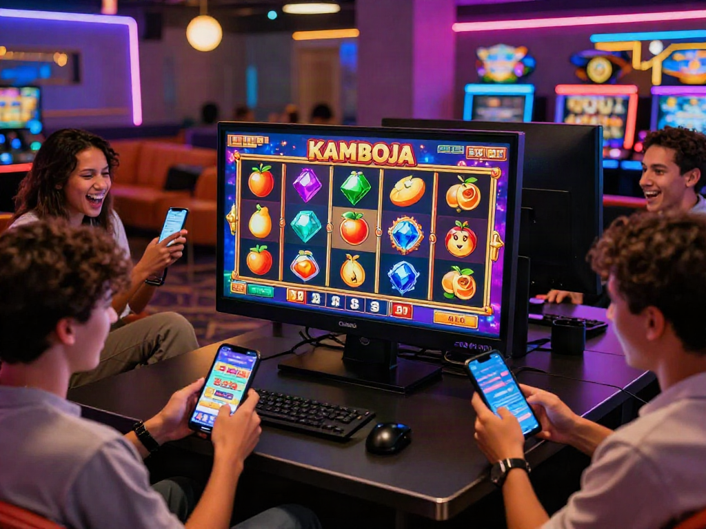 Engaged players exploring slot kamboja games on mobile in a vibrant casino lounge.