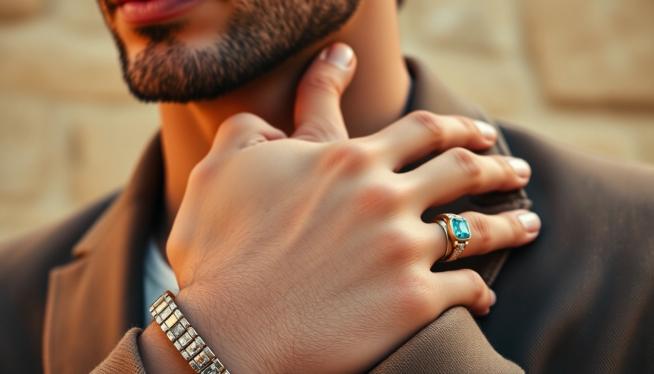 Stylish man showcasing unique men's jewelry items in an elegant setting.