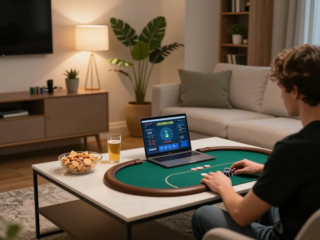 Player engaging with 58win online poker game on a cozy sofa, showcasing an inviting home gaming setup