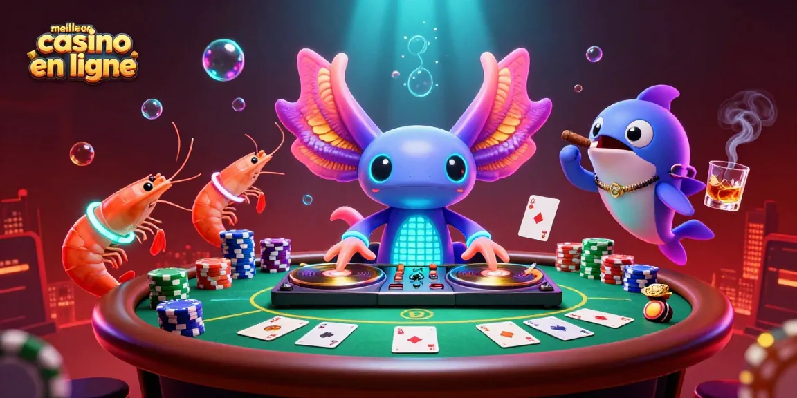 Vibrez avec le meilleur casino en ligne en découvrant une scène animée de tables de poker et personnages colorés.