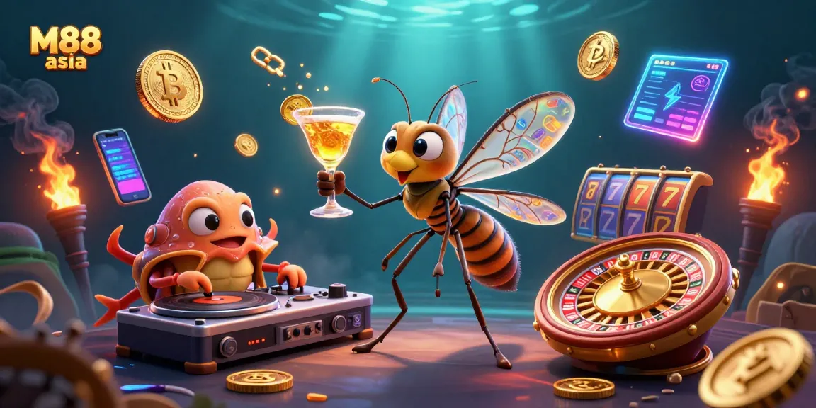 M88 asia transports players into exhilarating gaming, featuring a vibrant scene with a casino mascot, trilobite DJ, and spinning roulette wheel.