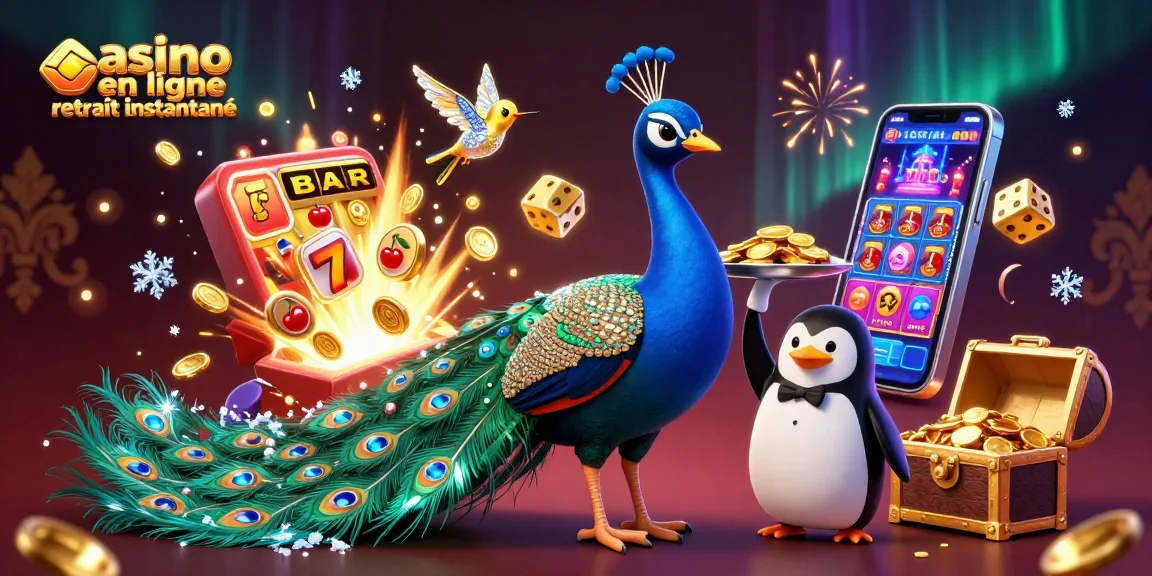 Le meilleur casino en ligne à retrait instantané, illustré avec un paon aristocratique, un pingouin majordome et un colibri.