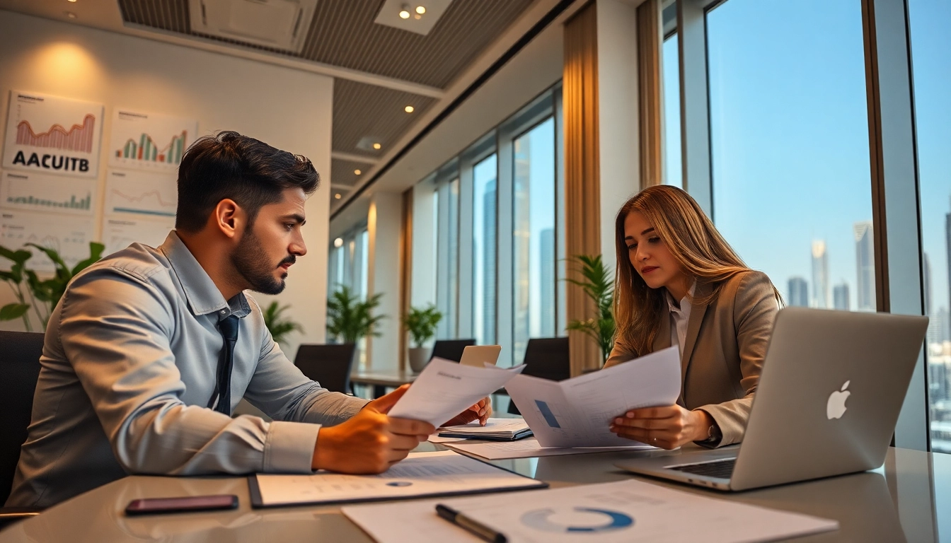 Audit Services in Dubai: Professional auditors collaborating in a modern financial office setting.