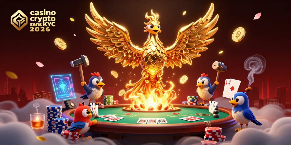 Illustration vibrante de casino crypto sans KYC 2026 avec un phoenix doré et des éléments de poker.