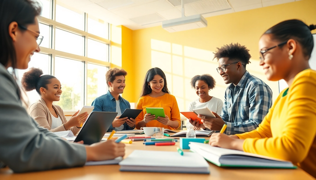 Education-focused classroom scene showcasing diverse students collaborating with technology and books.