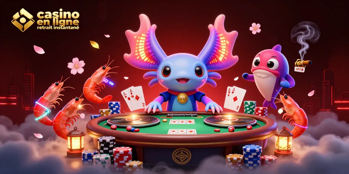 Découvrez un casino en ligne avec retrait instantané illustré par un axolotl DJ aux couleurs néon.