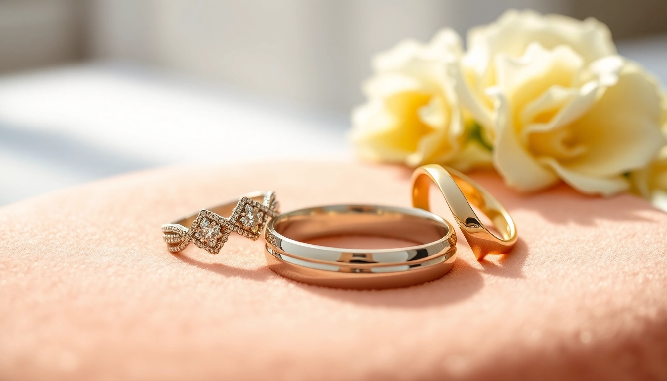Elegant wedding bands showcased on velvet, highlighting intricate designs and sparkling diamonds.