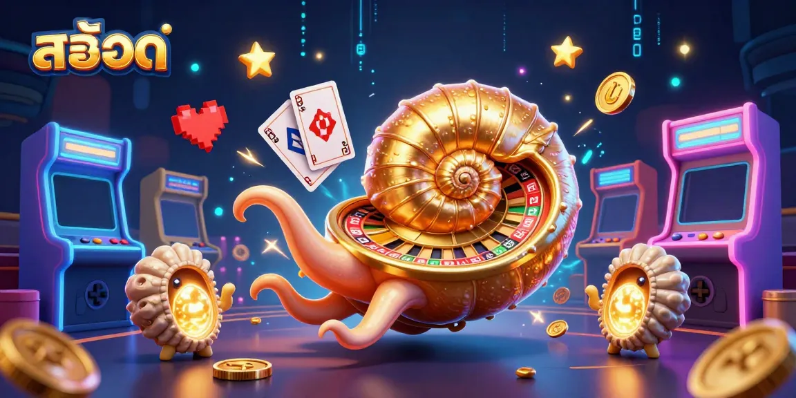 Experience the excitement of สล็อต through a vibrant 3D scene featuring a nautilus roulette wheel and animated game elements.