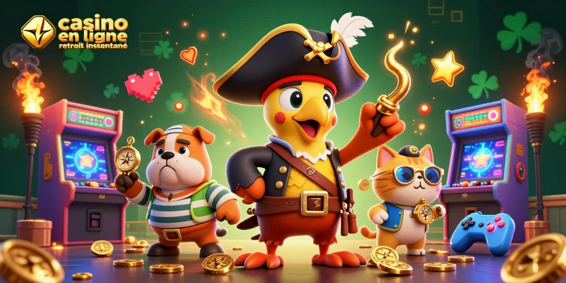 casino en ligne retrait instantané : pirate interactif et bulldog au milieu d'une scène colorée de jeux d'arcade