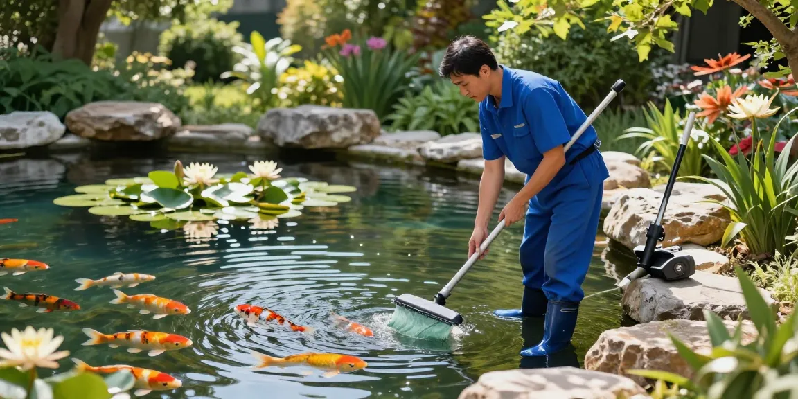 Professional pond cleaning Essex: Expert technician inspecting a pristine koi pond with lush greenery and maintenance tools.
