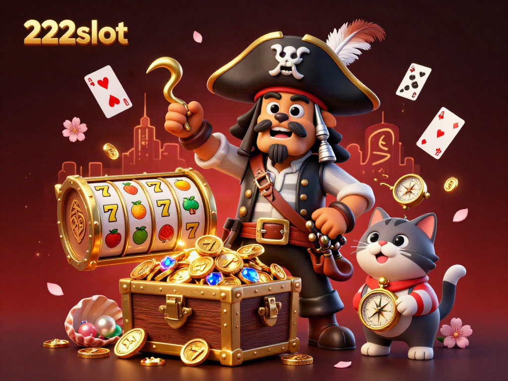 Permainan slot 222slot yang menampilkan karakter bajak laut, bulldog, dan kucing navigator di antara harta karun yang ceria.