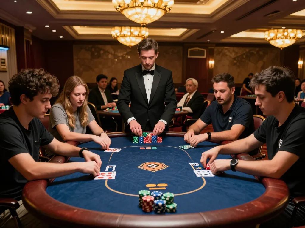 Engaged players focusing on their hands during an intense hidden wiki poker game in a luxury casino atmosphere.
