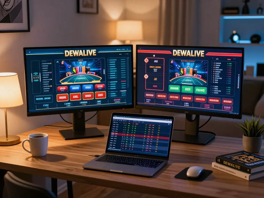 Engage with DEWALIVE's gaming interface in a cozy home office environment, showcasing strategic online gambling.