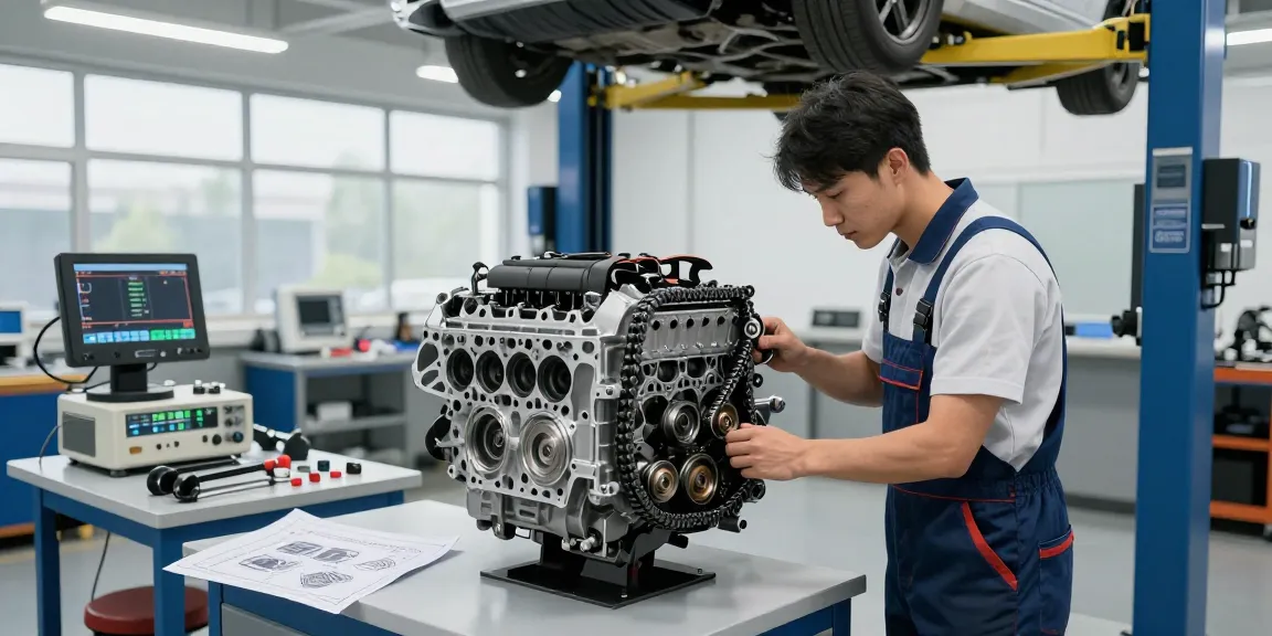 Professioneller Mechaniker, der die BMW Steuerkette wechselt in einer modernen Werkstatt