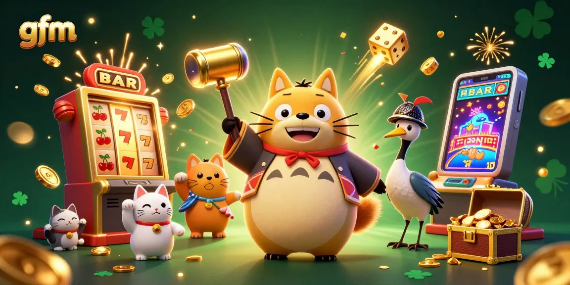 gfm Casino joy: a tanuki and crane with colorful maneki-neko beside a jackpot slot machine bursting with coins