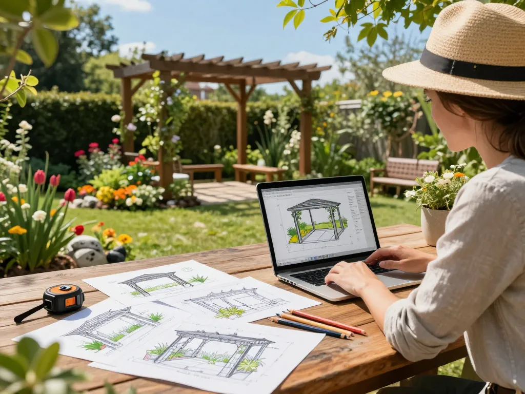 Designer using a pergola 3D planner in a vibrant garden full of plants and flowers.
