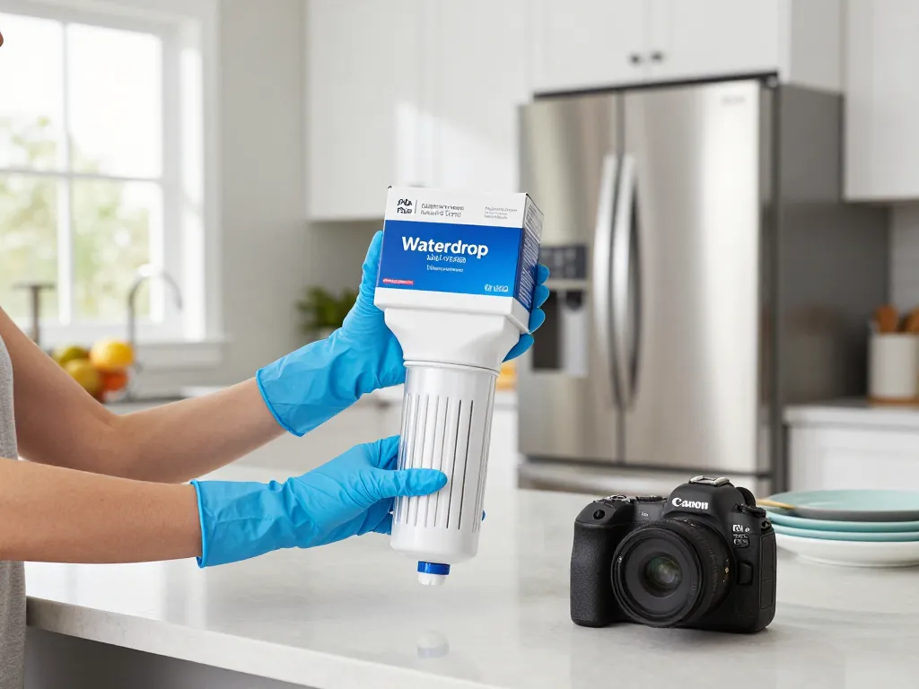 Replacing a Waterdrop Plus DA97-17376B Water Filter in a modern kitchen, showcasing clarity and cleanliness.