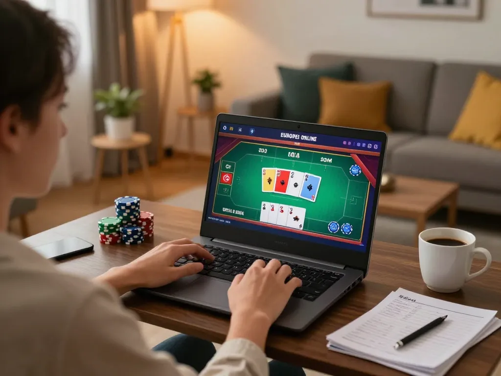 Engaging in casino europei online with a laptop and poker game setup in a cozy home environment.