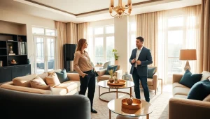 Real Estate agent showing a modern home to potential buyers in a bright living room.