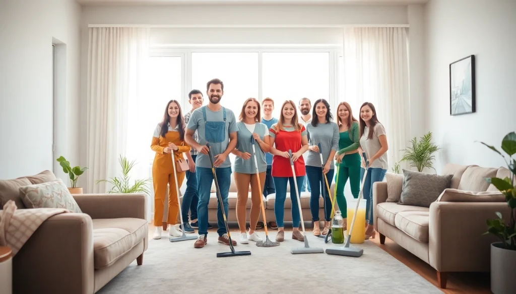 Engaged cleaning service team transforming a cozy home with expert care and professionalism.