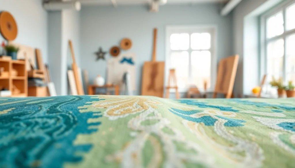 Bekijk de canvas stof met kleurrijke patronen en texturen in een creatieve setting.