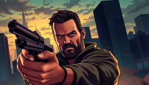 Experience the thrill of Politics Thieves and Bullets through an action-packed illustration featuring a bold protagonist.