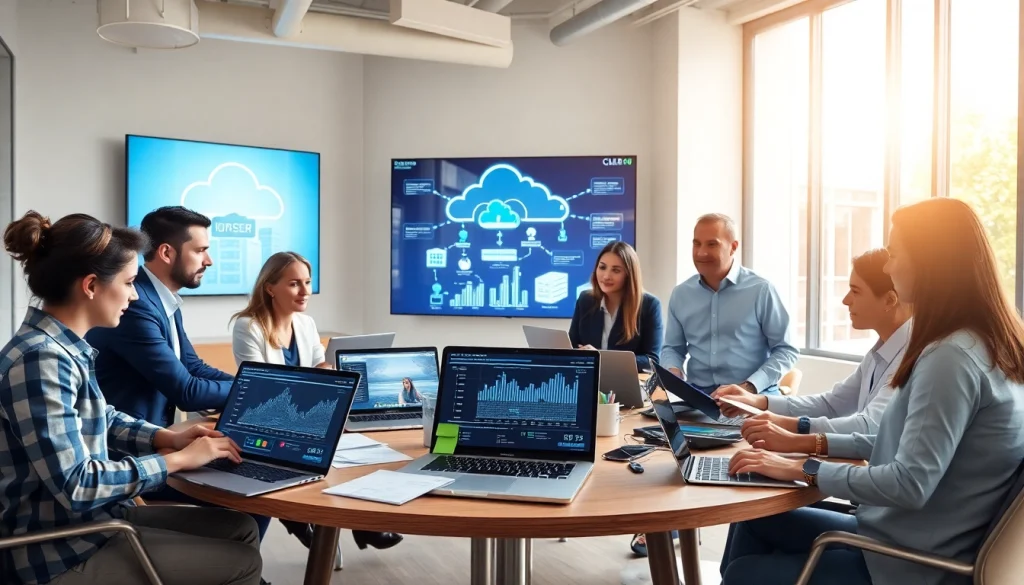 Team collaborating on Cloud Migration Services in a modern office environment with technology visuals.
