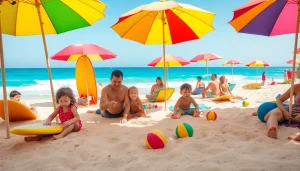 Cabo family activities at the beach with kids playing and parents relaxing under umbrellas.