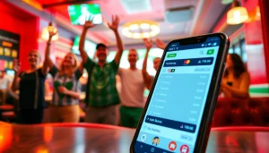 Engaging scene portraying sports betting sites India on a smartphone with cheering fans in a sports bar.