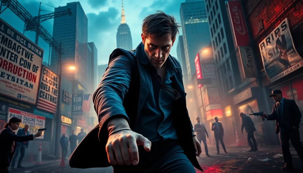 Action scene from Politics Thieves and Bullets showcasing a heroic confrontation in a tense urban setting.