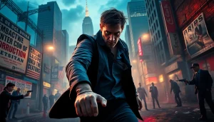 Action scene from Politics Thieves and Bullets showcasing a heroic confrontation in a tense urban setting.