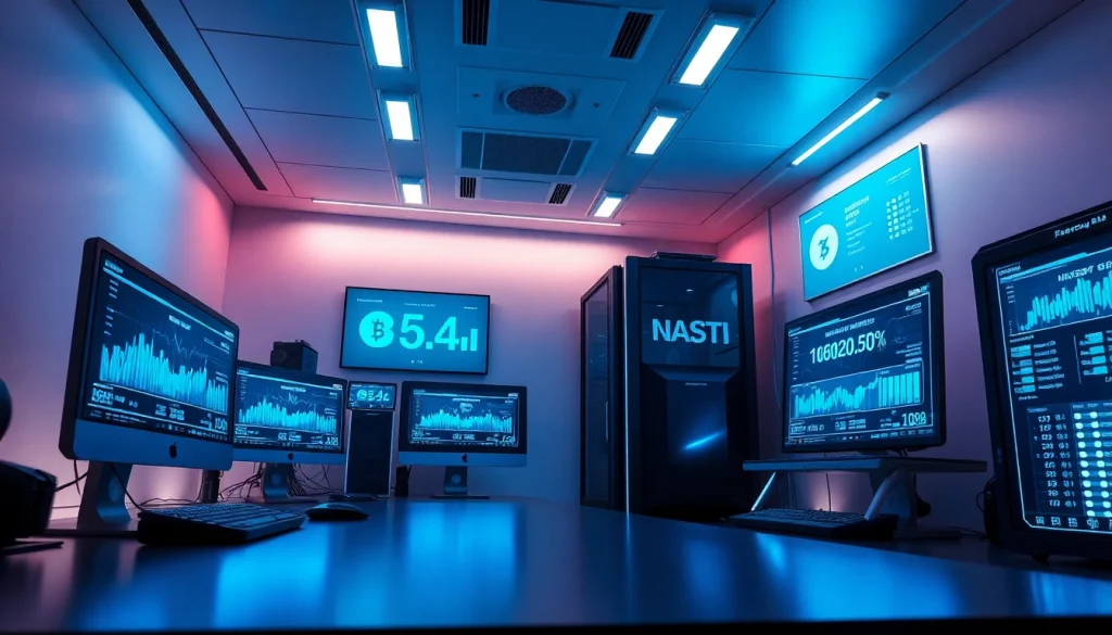 Explore cutting-edge technology in a crypto mining app workspace featuring advanced computer setups and digital interfaces.