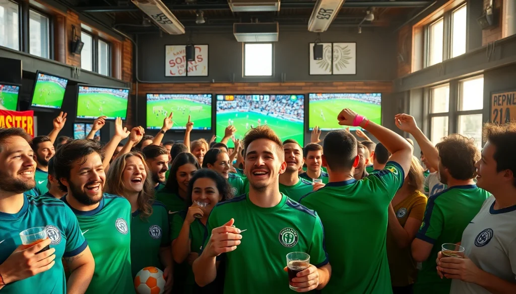 축구중계하는 바에서 열광하는 팬들의 모습