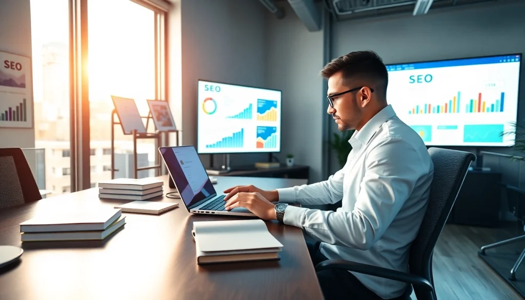 Engaging professional showcasing seo services Malaysia through digital data analysis in a modern office