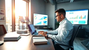 Engaging professional showcasing seo services Malaysia through digital data analysis in a modern office