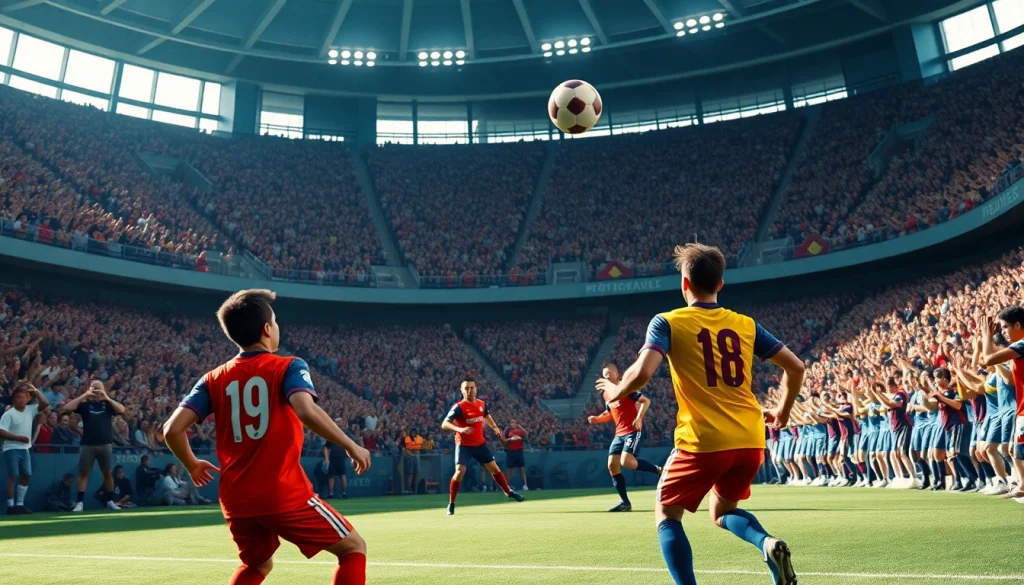 축구중계 중인 경기장에서 열광하는 팬들의 모습과 선수의 액션 장면