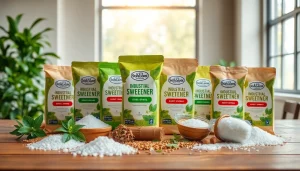 Showcasing industrial sweetener packaging alongside raw materials like stevia and erythritol, emphasizing quality.