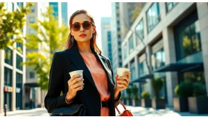 Highlight the elegance and sophistication of Rivelle apparel worn by a stylish individual in an urban setting.