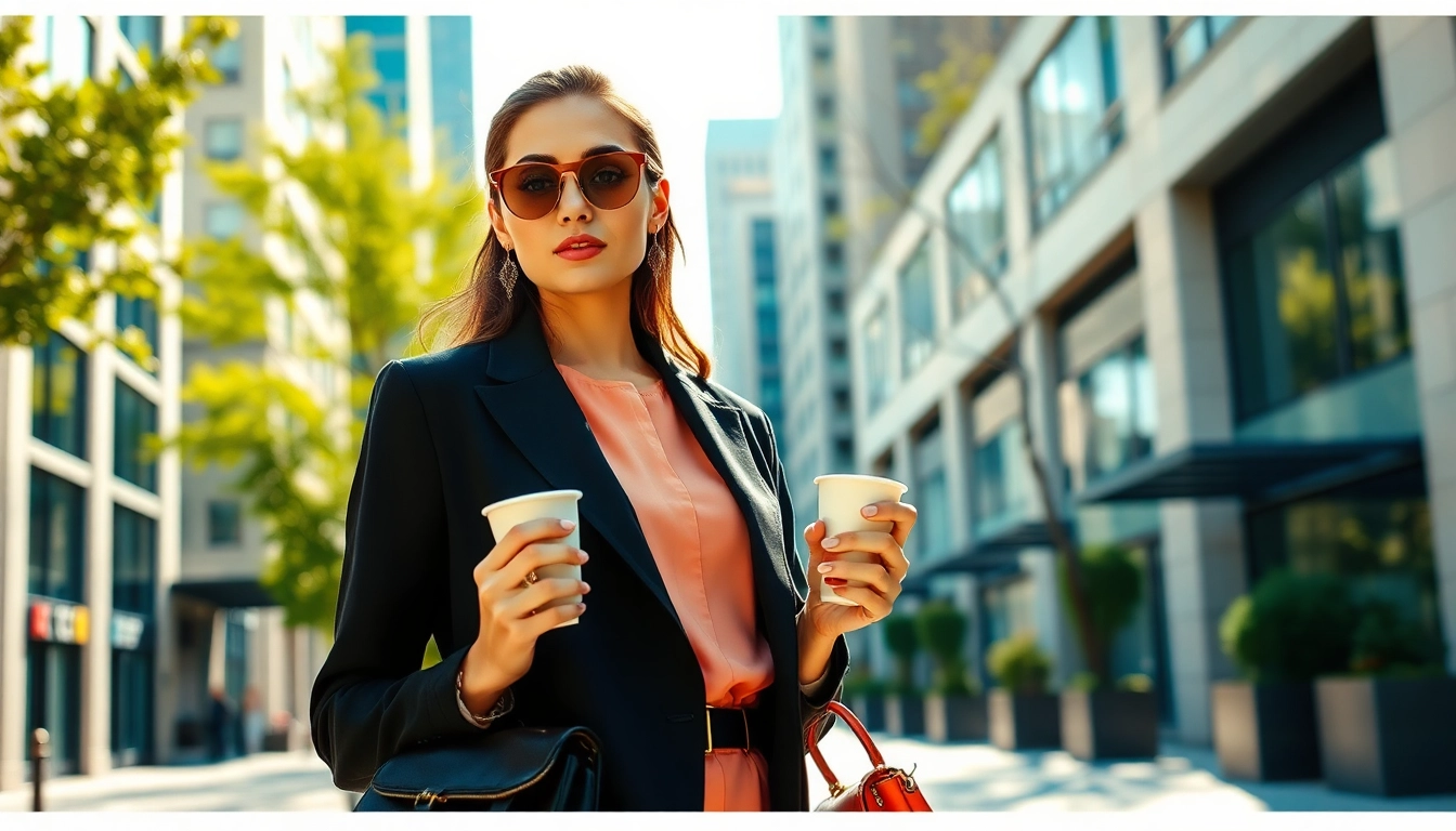 Highlight the elegance and sophistication of Rivelle apparel worn by a stylish individual in an urban setting.