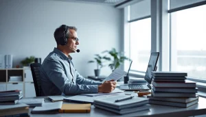 Certified translator in a professional office setting, focusing on translating documents.