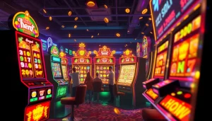 Exciting scene of players winning at slot hoki machines with vibrant colors and ambient lighting.