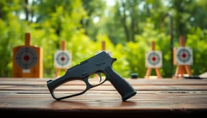 View the Alamo 15 trigger for sale, showcasing its craftsmanship and design on a shooting range table.