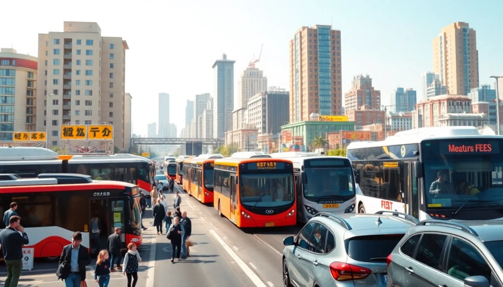 Transportation options like buses and cars navigate a busy urban street scene.