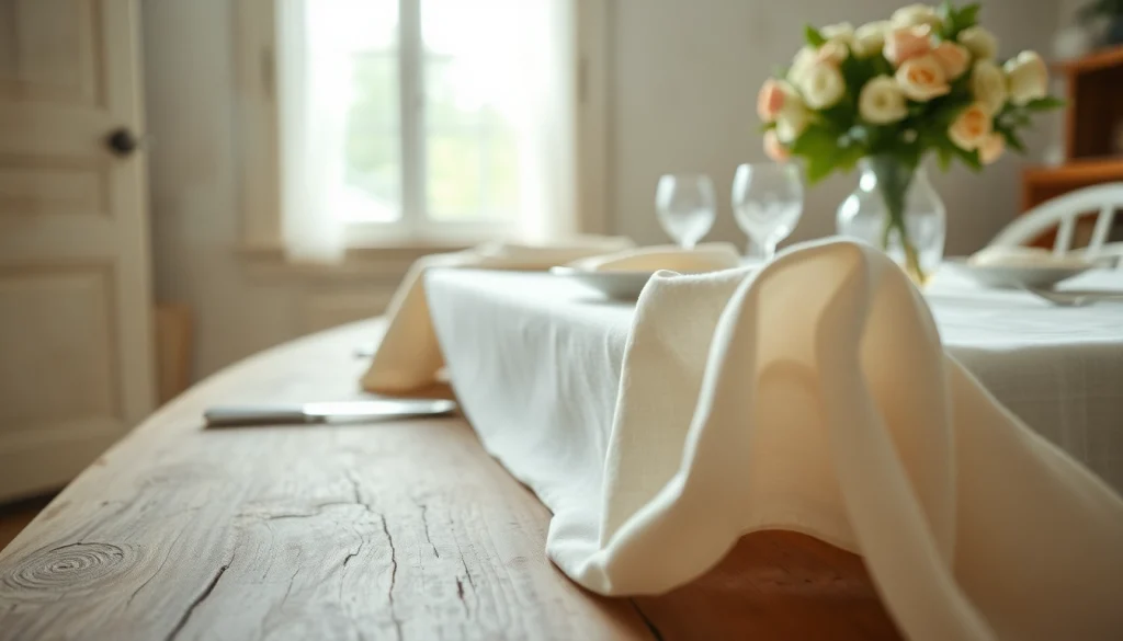 Linnen tafelkleden en servetten in een elegante setting met natuurlicht.
