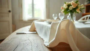 Linnen tafelkleden en servetten in een elegante setting met natuurlicht.